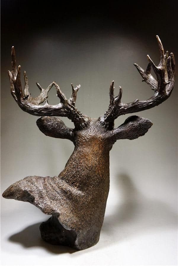 細工銅製 大迫力鹿首造像角高彫 開運置物 上質