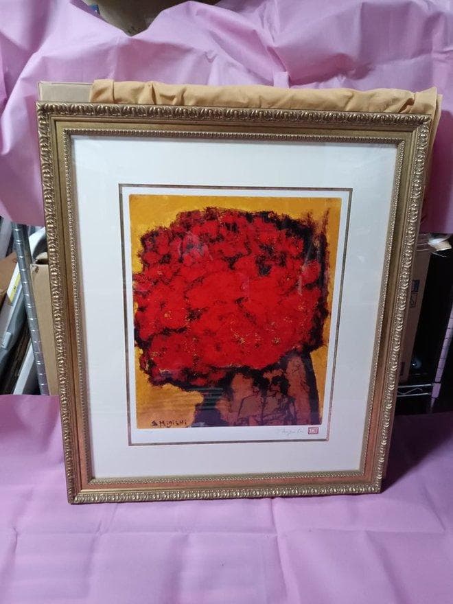 三岸節子作シルクスクリーン　「赤い花」　額付　ED1/150　真作保証　サイン有