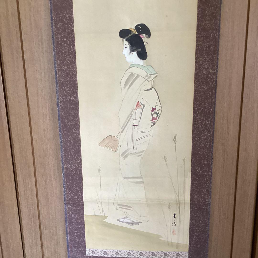 鈴木棲鳳筆　　立ち姿美人画【晩　夏　美　人　図】　絹本掛軸一幅　　555