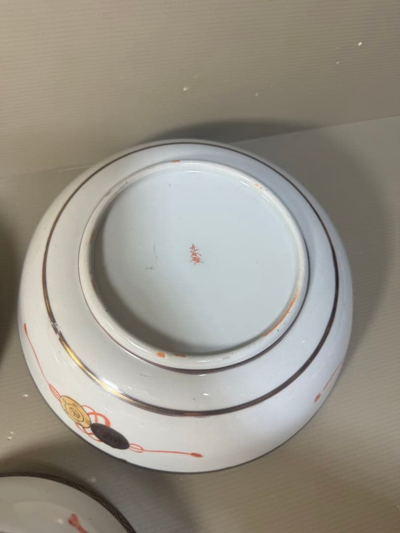 2428 九谷焼　金彩赤絵　人物翔鶴風景図　鉢　3客　時代物