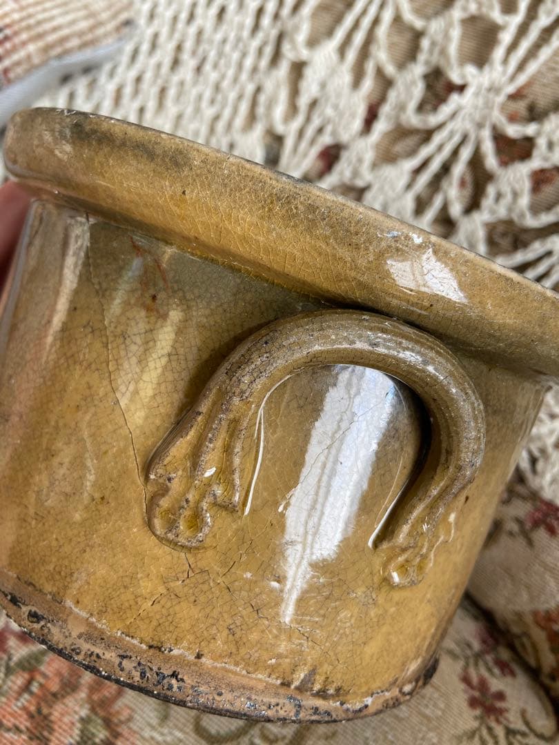 最終値下げ！ヒビありフランスアンティーク釉薬テリーヌポット☆金継ぎ南仏グラタン皿