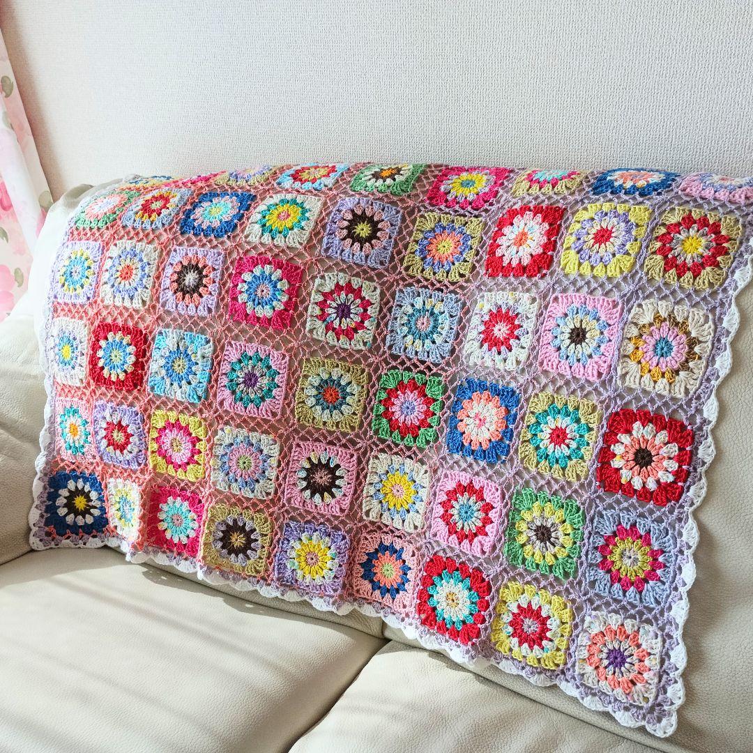 手編みブランケット★カラフル★グラニースクエア★コットン