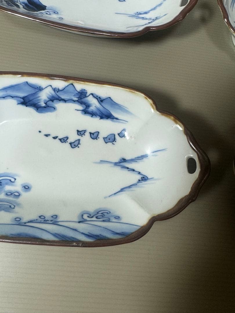 2110 明治大正 伊万里 舟形皿 4客　長山文製 染付山水　時代物