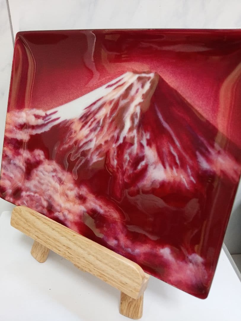 赤富士七宝焼金属製皿昭和後期松坂屋貴金属売場購入横幅２３、４Ｘ縦１７、６センチ品