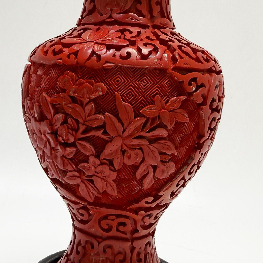 中国美術 堆朱 花瓶 紅雕漆花瓶花器 台座付 2個セット