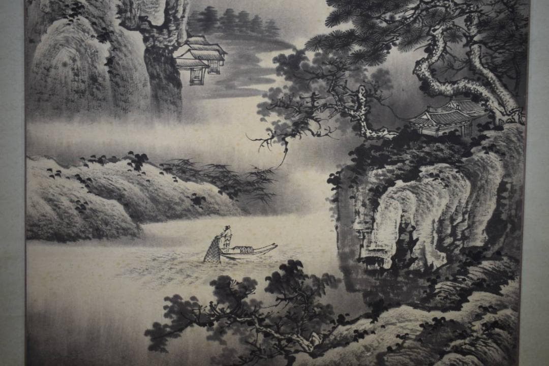 真作/月敬濤/楼閣山水画賛/布袋屋掛軸HG-685