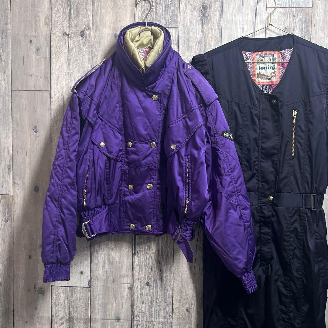 美品　レトロ　スキーウェア セットアップ　紫　黒　LLサイズ