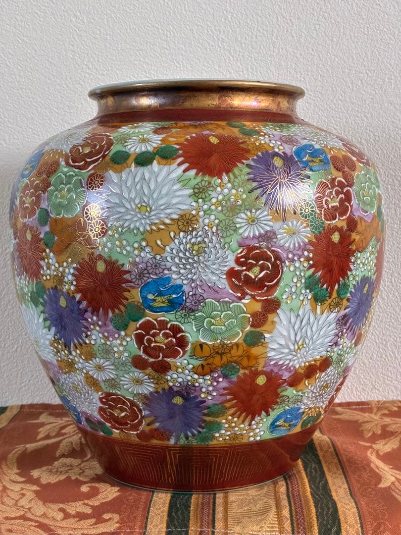 伝統工芸＊九谷焼＊九谷春洋＊壺＊花瓶＊多色花柄金彩＊大きい＊和置物＊美品