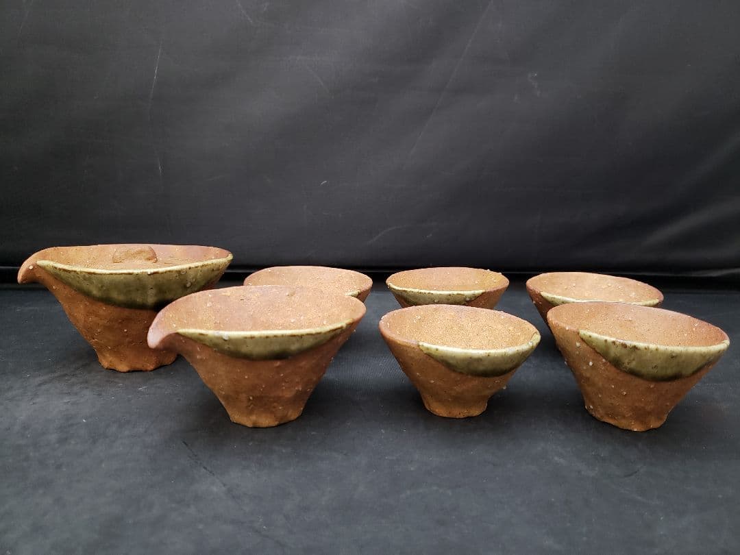 信楽焼　煎茶器　神崎紫峰　手捻り　急須　湯呑み5客　湯冷まし　煎茶道具　作家物