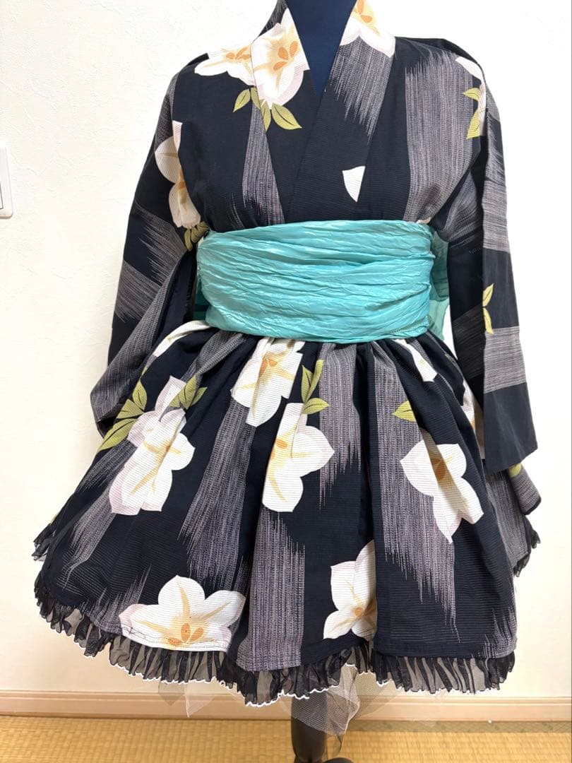 創作】オリジナル浴衣 ミニ丈 浴衣ドレス兵児帯セット