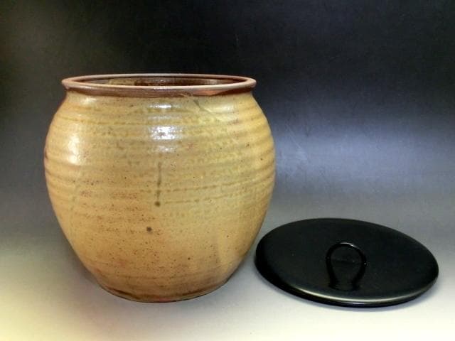 水指■丹波焼き 塩壷型【祥公造】漆器の蓋 塗蓋 桐共箱 お茶道具 時代物 骨董■