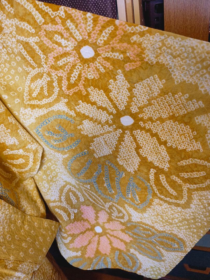 総絞り 花柄 浴衣 黄色系