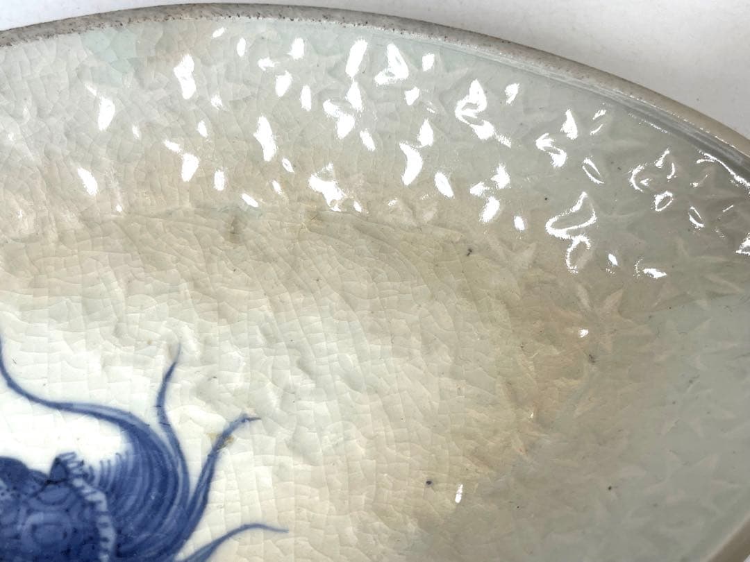 骨董　アンティーク　古伊万里　藍九谷　変形皿　染付　印刻　波に亀　向付