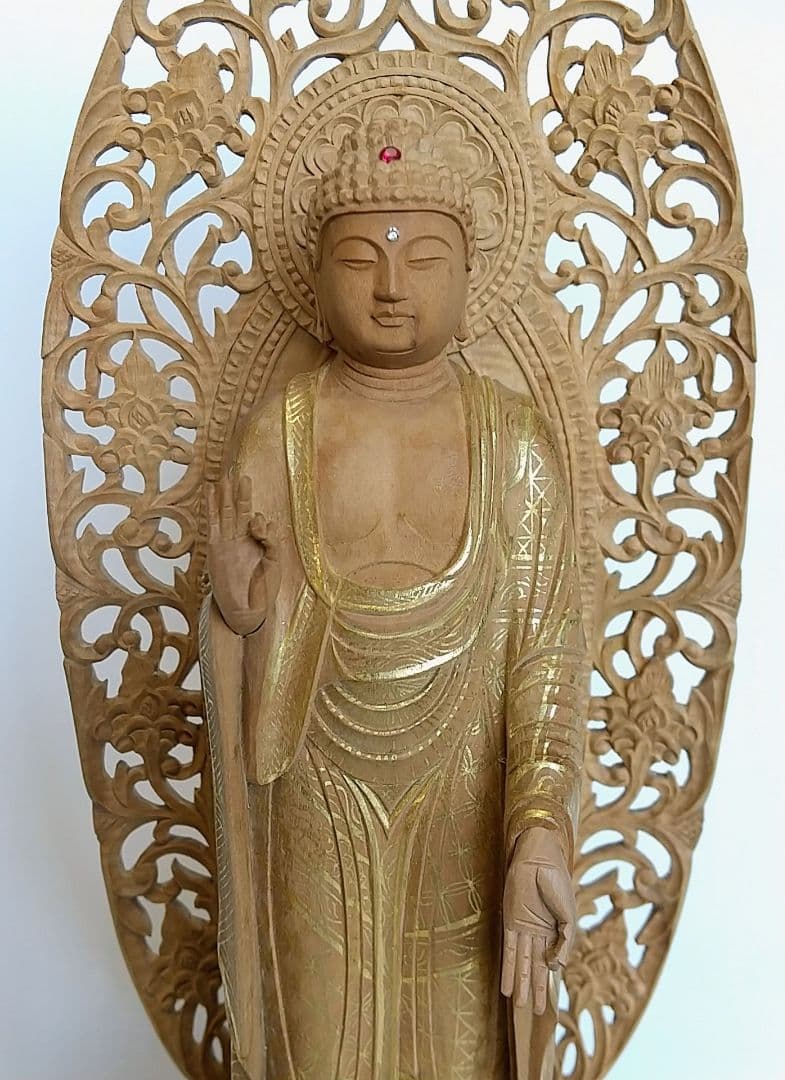 阿弥陀如来立像 5寸 #660 円台座 宝相華唐草 透彫り◆白檀 木彫 仏像