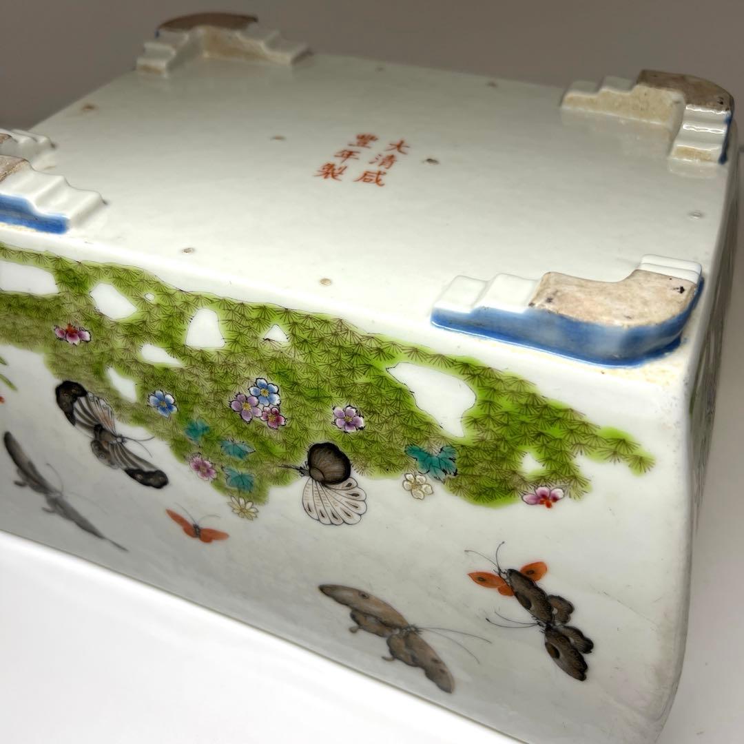 中国清時代　大清咸豊年製　粉彩花蝶図鉢　幅約24㎝　東Y7-1029☆2Fトトチ