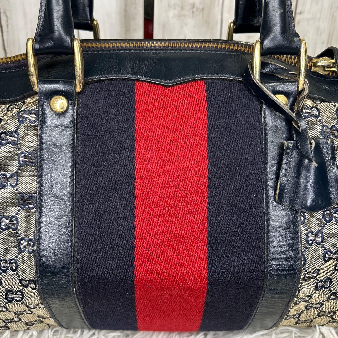 GUCCI GGキャンバス　シェリーライン　ボストンバッグ　ハンドバッグ　紺