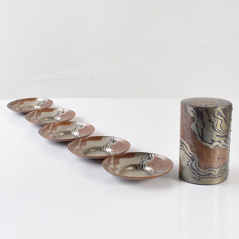 煎茶道具　富貴堂造　鎚起銅器　茶筒　茶托五客　共箱　2点まとめて　M　R6508