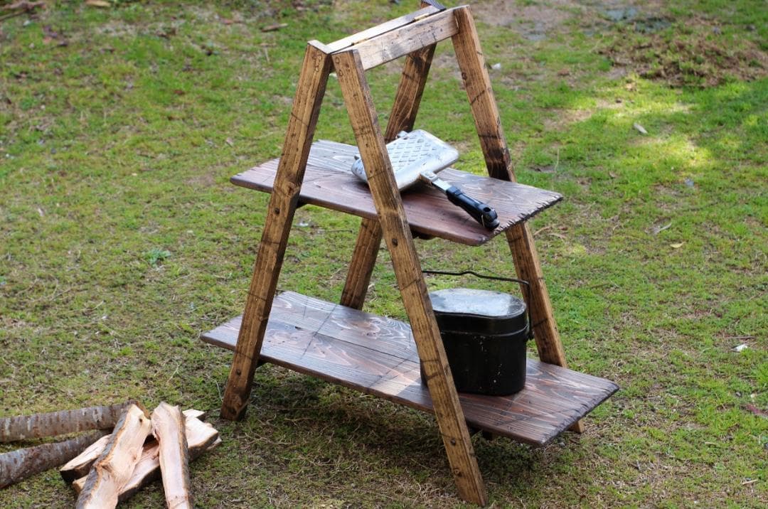 折りたたみ2段ラック　アンティーク風　ダメージ　エイジング　キャンプ　アウトドア