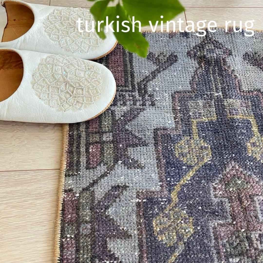 濃淡ブルー✳︎43×83 イエロー　ピンクメダリオン　トルコヴィンテージラグ