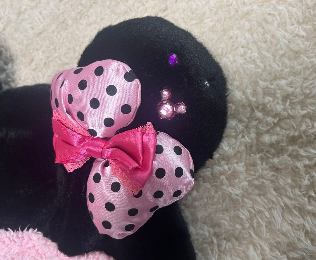 ミニーちゃん ファンキャップ 黒 ピンク リボン付き