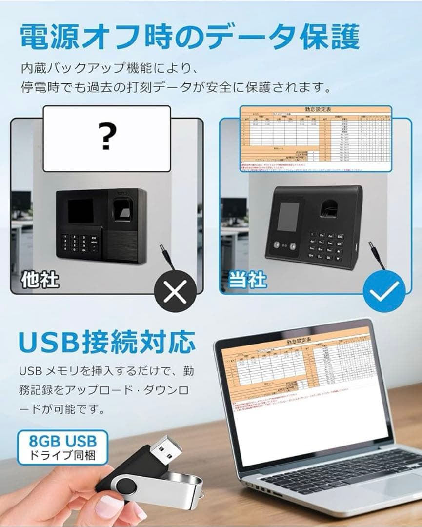 タイム カード 機械 指紋認識 顔認識 パスワード認証 8GB USB付き