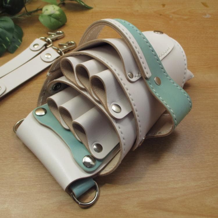 ホワイト＆空色　６丁差し　本革シザーケース　SCA-151/CWA