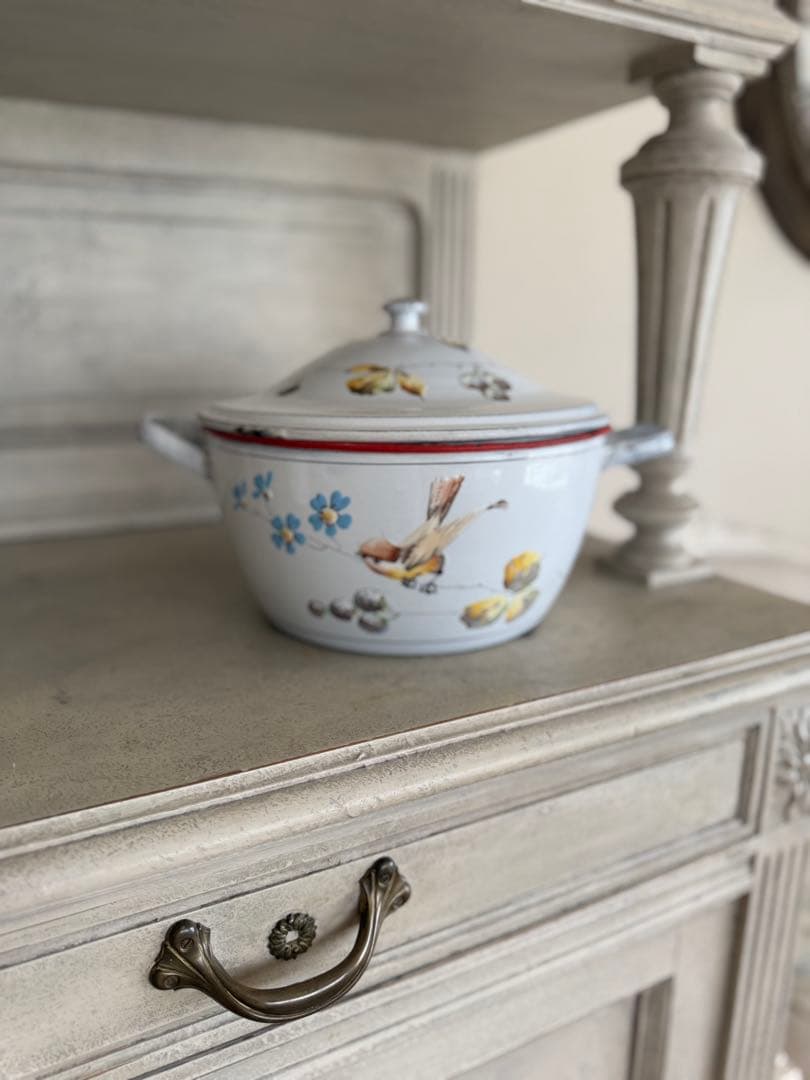 フランスアンティークJapy社小鳥とベリーのホーロースーピエールチューリーン