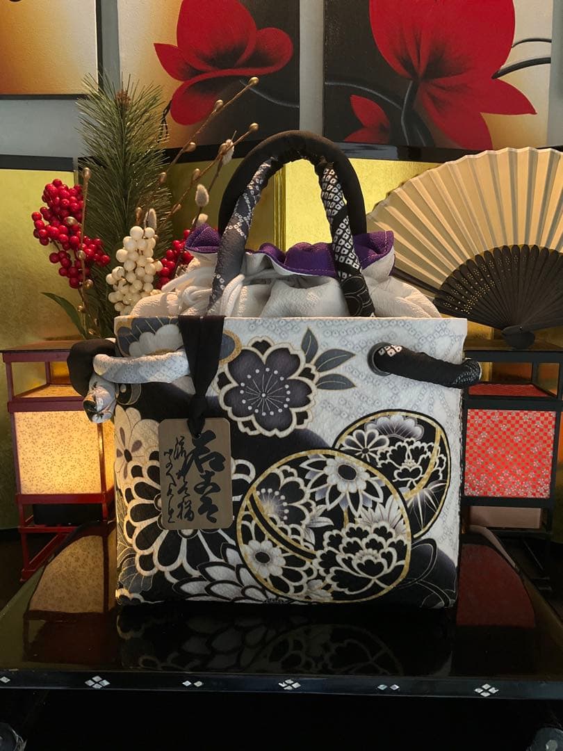 一閑張り　一閑張りバッグ　古文書　和紙　花絵柄　大正　着物　梅　京友禅　牡丹　菊