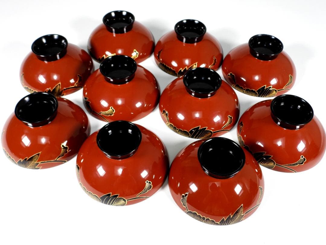 輪島塗　懐石椀汁椀　蒔絵椀　上質朱漆　牡丹沈金 蓋碗十客 共箱