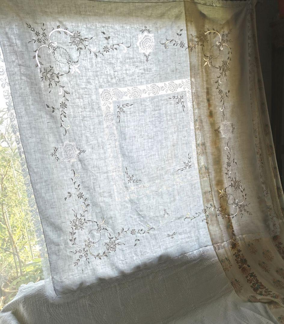 アンティーク手織りアイリッシュリネン フィレレース＆ニードルワーク 大判クロス