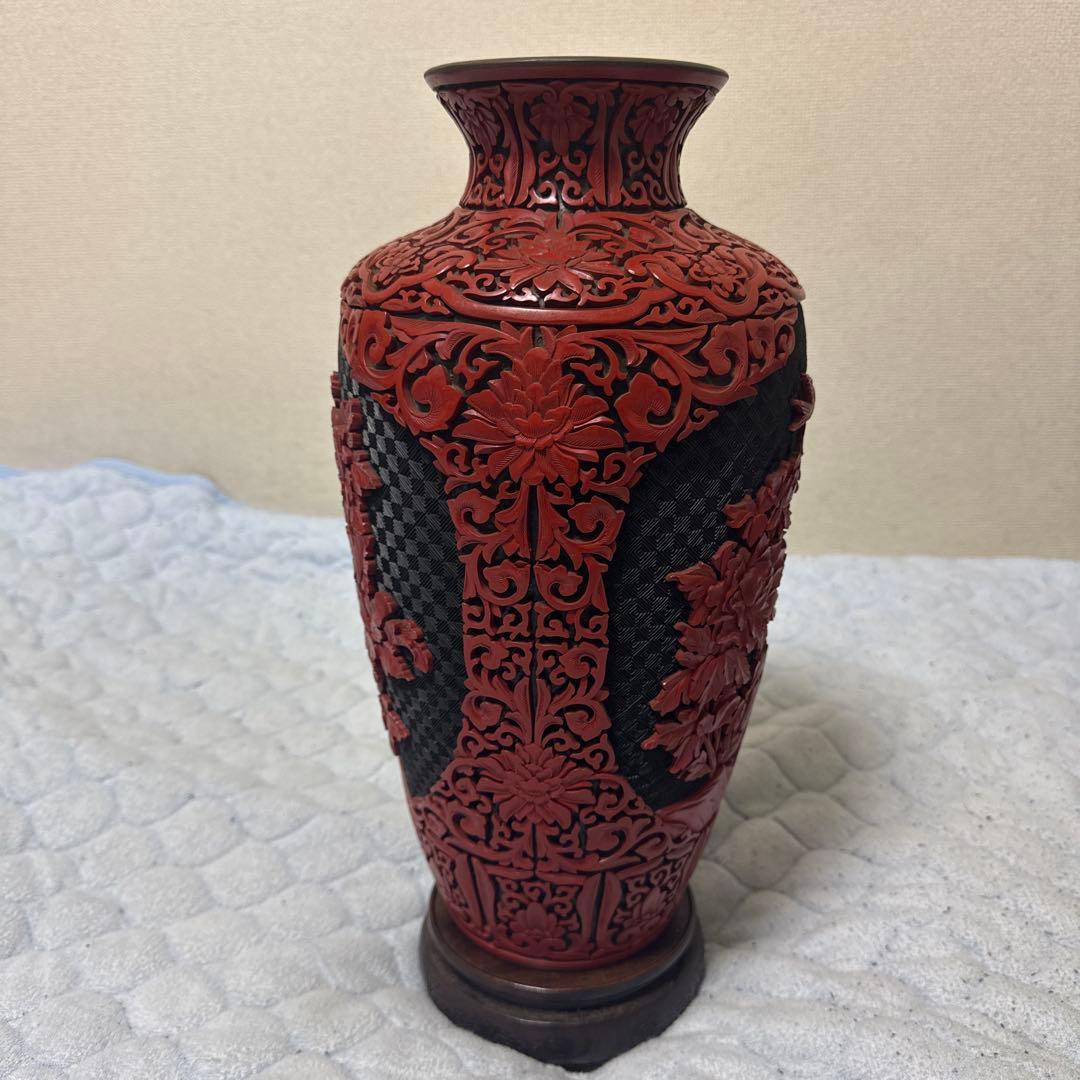 中国美術 大花瓶 堆朱 堆黑 花鳥 唐木台 紫檀 花梨 一輪挿し美品