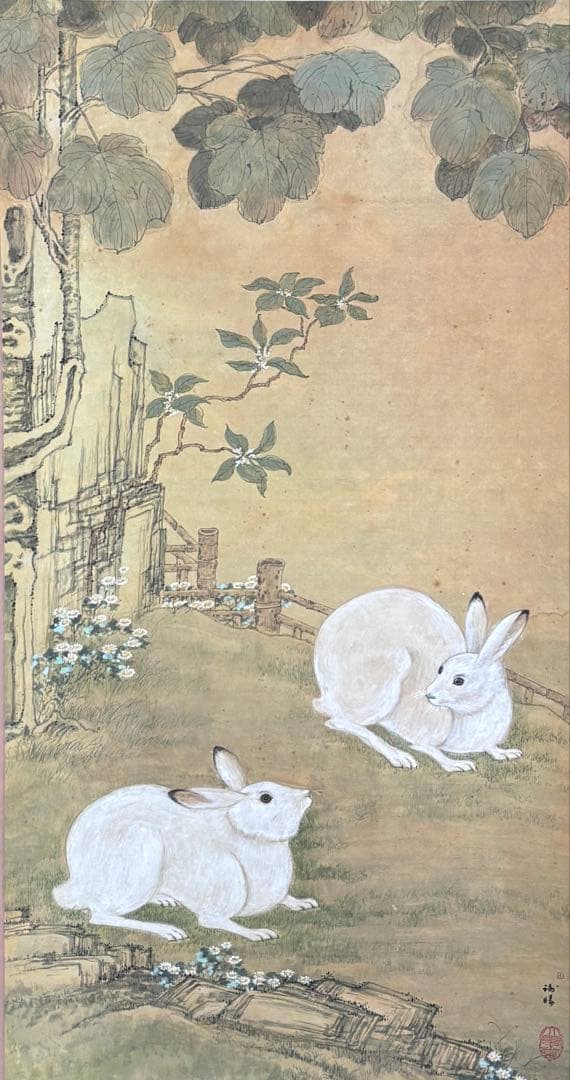 水墨画　掛け軸　悟桐双兎 謝陽画　兎　中国　張大千大風堂　カラー　箱付
