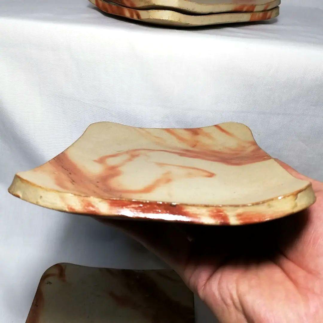 岡山県重要無形文化財 森陶岳 備前焼 銘々皿4枚 陶印あり 緋襷 長方皿 食器