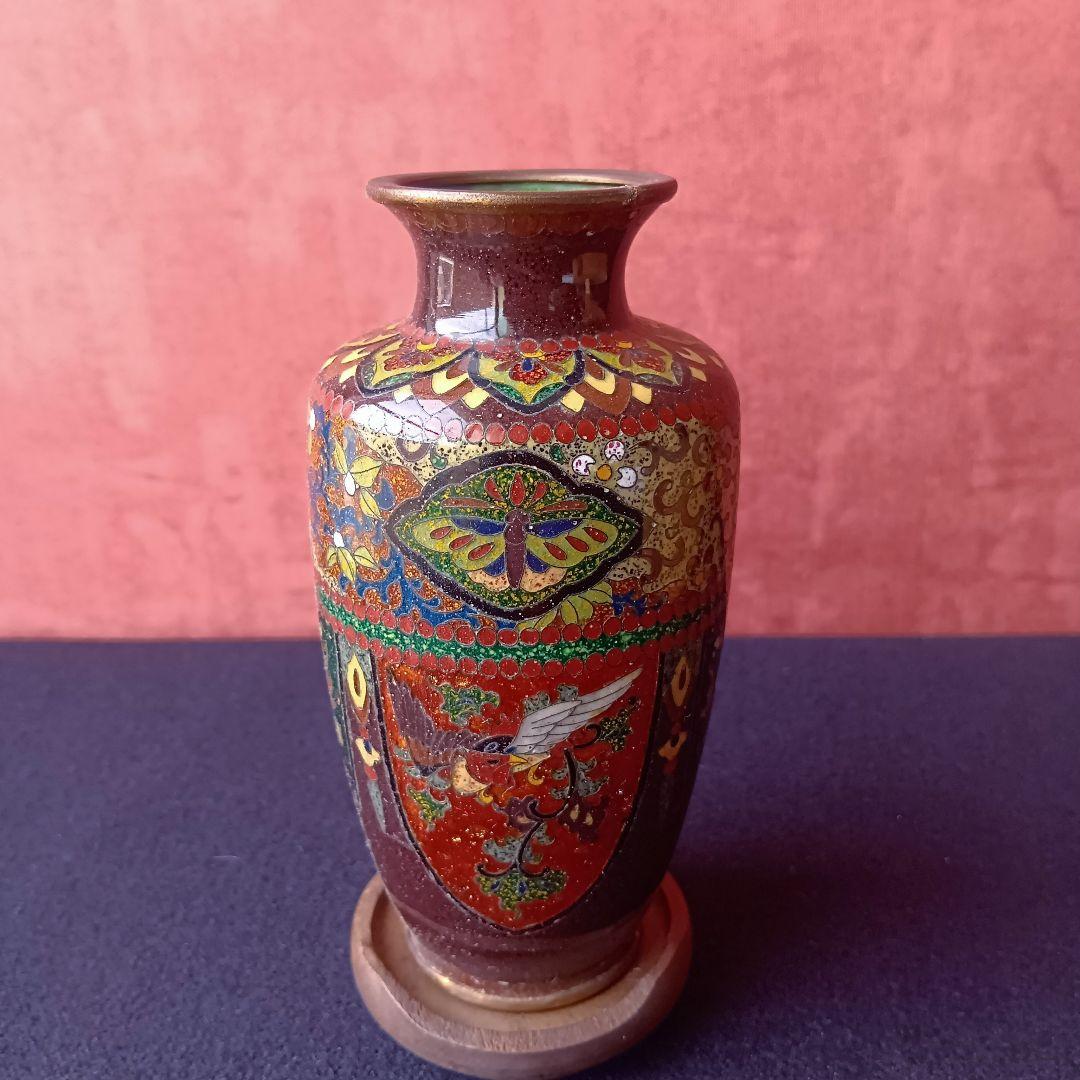 明治〜大正◆アンティーク◆七宝焼◆一輪挿し◆安藤七宝店◆龍朱雀蝶草花紋◆木製台座