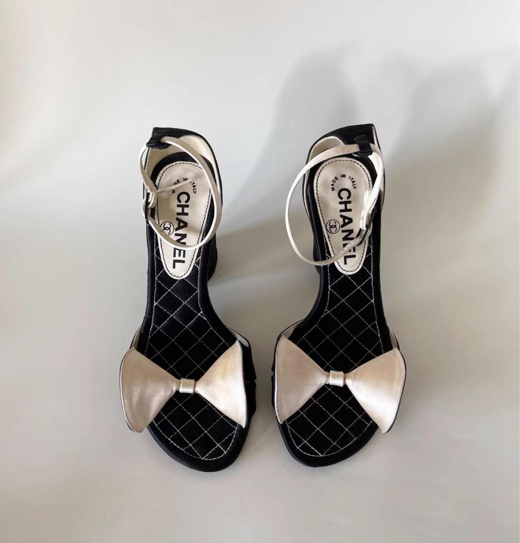シャネルCHANEL リボン付きサンダル 中ヒール ブラック/アイボリー