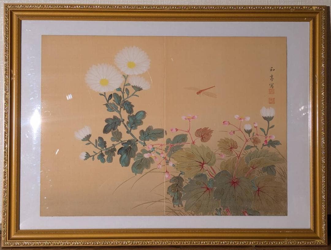 【真作】絵画　滝和亭　日本画　画帳外し　秋草図　花鳥図　美麗な彩色額　Y45