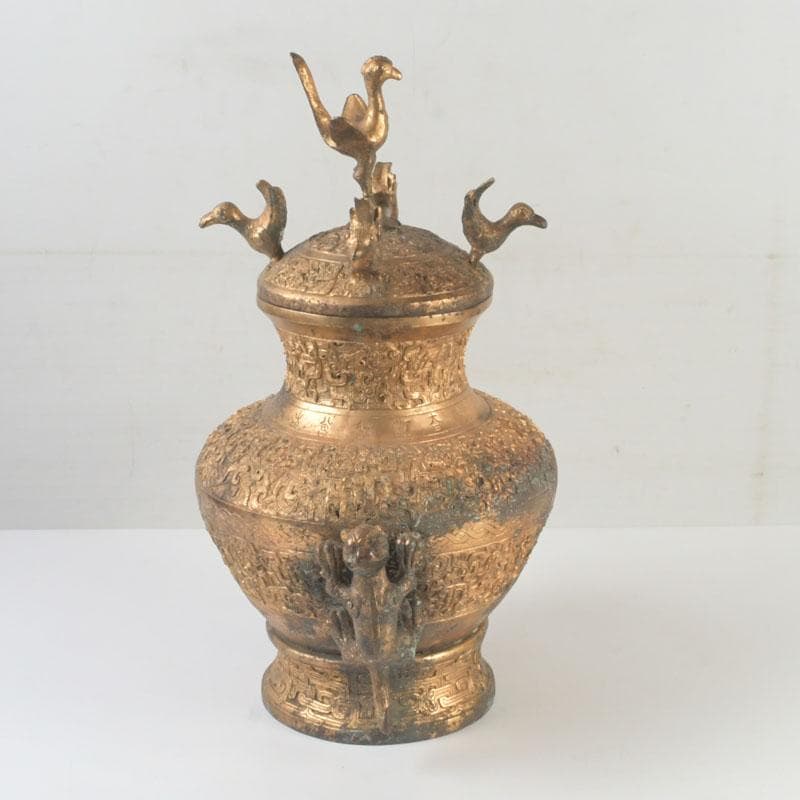 中国　古銅鍍金　漢詩刻　饕餮文　神獣蓋壷　M　9857A