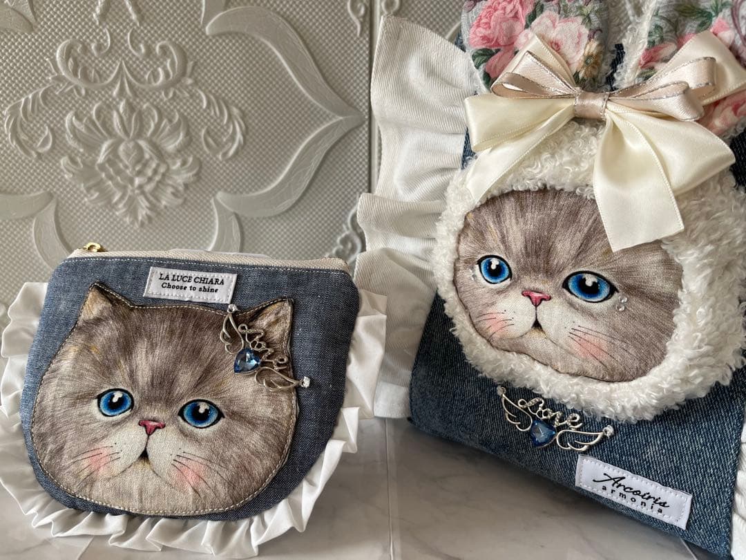 ☆*☆様 コヤンイサムチョン フリル トートバック ポーチ デニム 猫 キャット