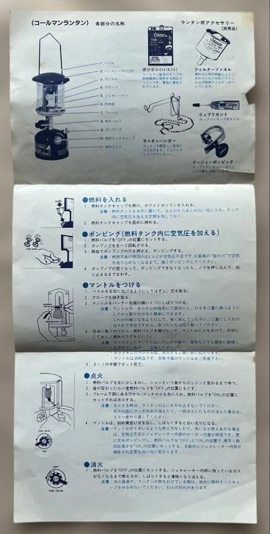 コールマン ピークワン 222B 90年製 ランタン 取説 収納袋 グローブ保護