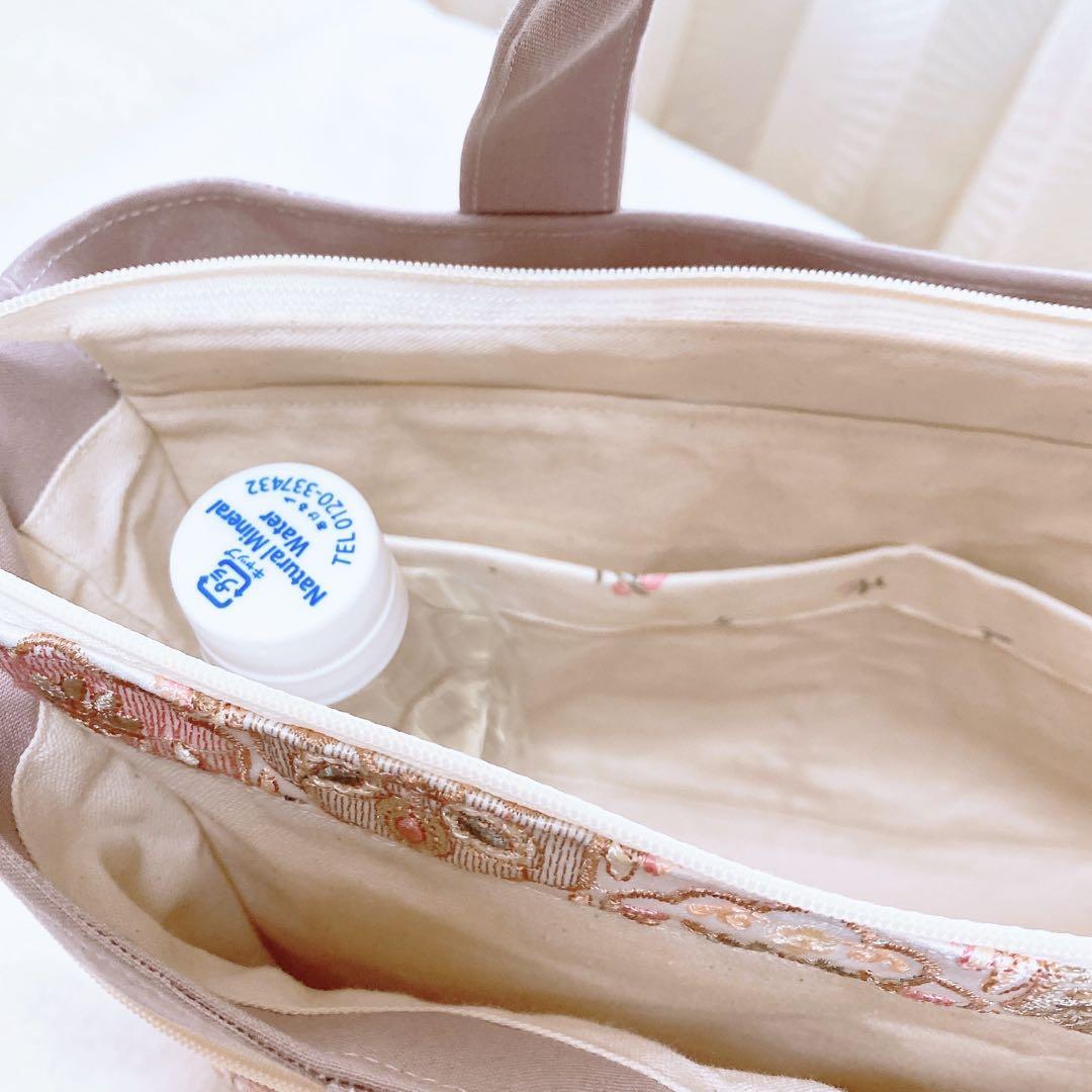 インド刺繍生地 くすみピンク 3ルームフリルトート⑅⿻ ハンドメイド