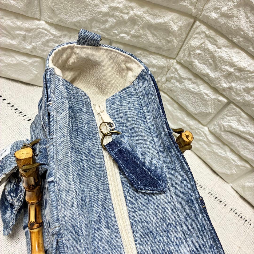 デニムリメイク　編み込みトートバッグ⭐︎バンブー持ち手⭐︎2連ハートチャーム付き