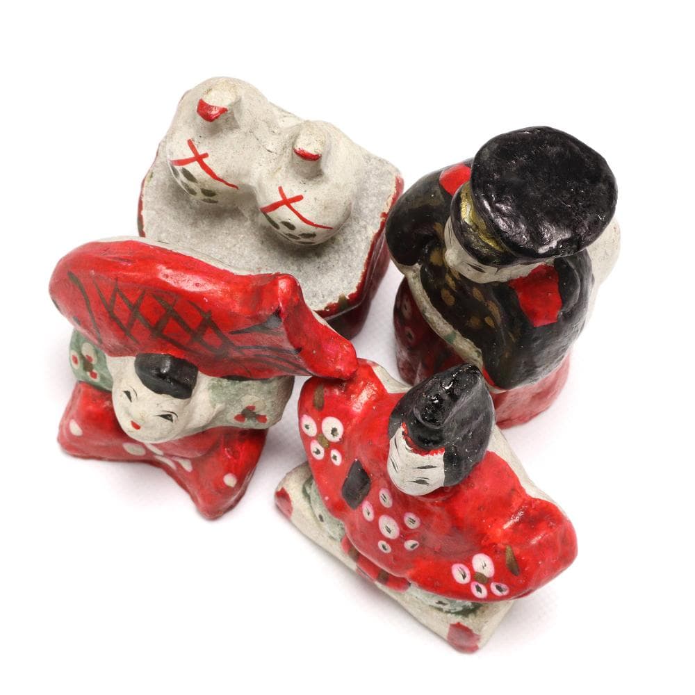 206B 古い花巻人形 4体 土人形 天神様 鯛担ぎ 神酒 兵隊 高さ9.5㎝