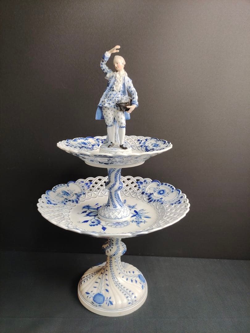 時代 マイセン ブルーオニオン 磁器 2段コンポート 飾り インテリア 修理あり