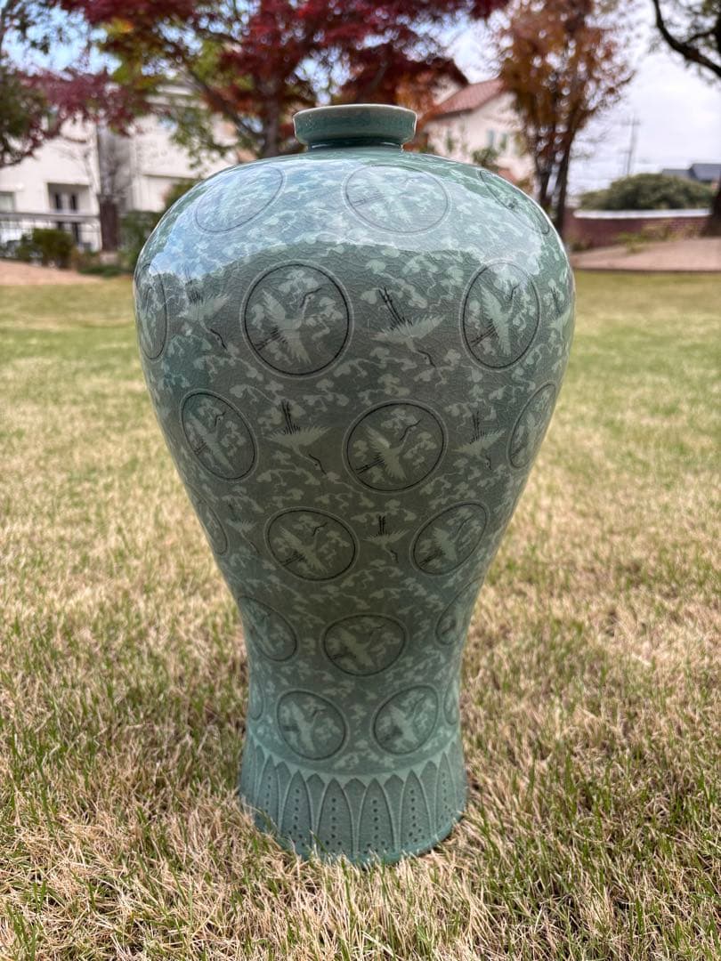 海剛 作　象嵌大壺　高さ43cm 鶴文　大型花瓶　韓国青磁　美品　陶磁器 置物