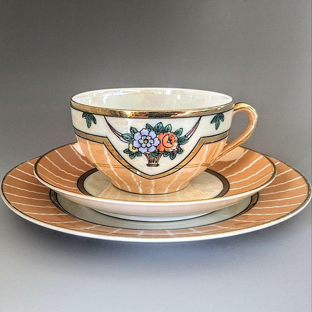 オールドノリタケ アールデコ期大銘品！金彩虹ラスター花籠絵図キャビネット トリオ