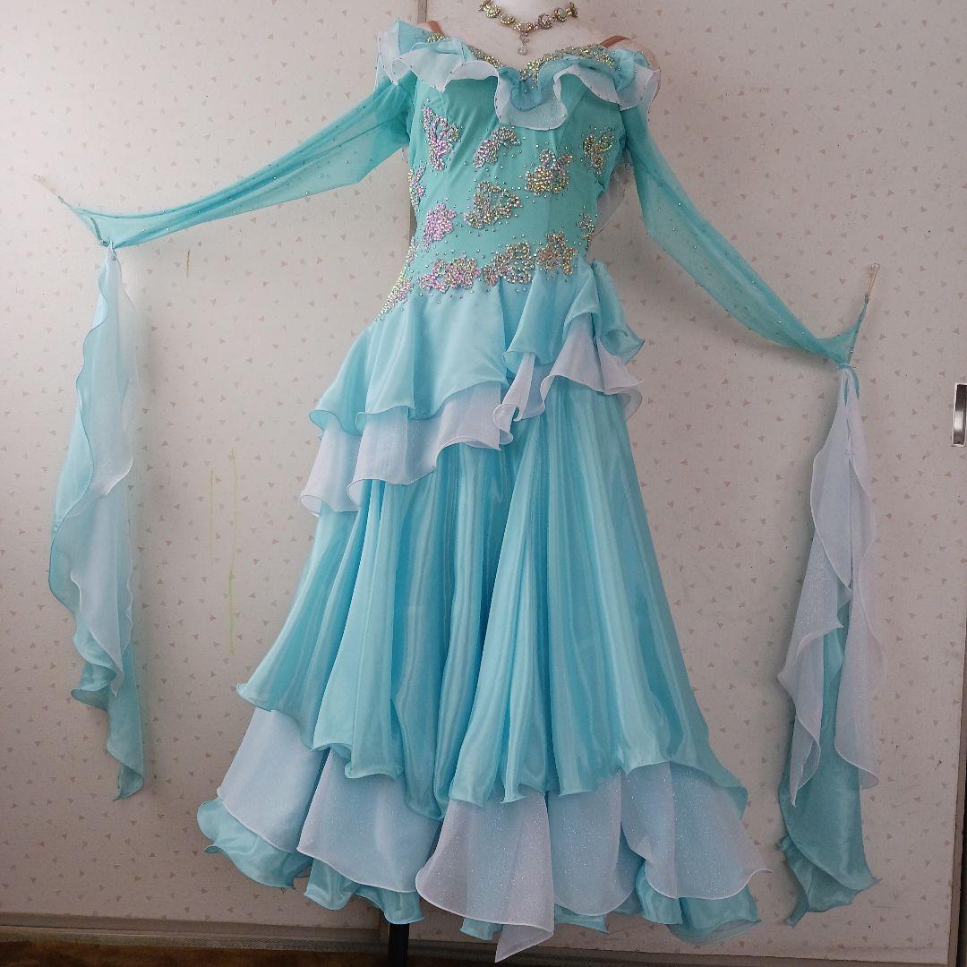 水色オフショルダー社交ダンスドレス