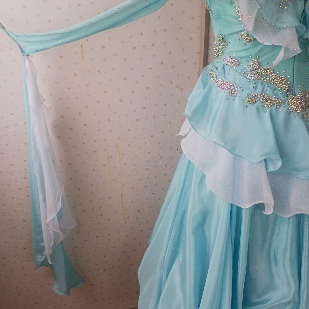 水色オフショルダー社交ダンスドレス