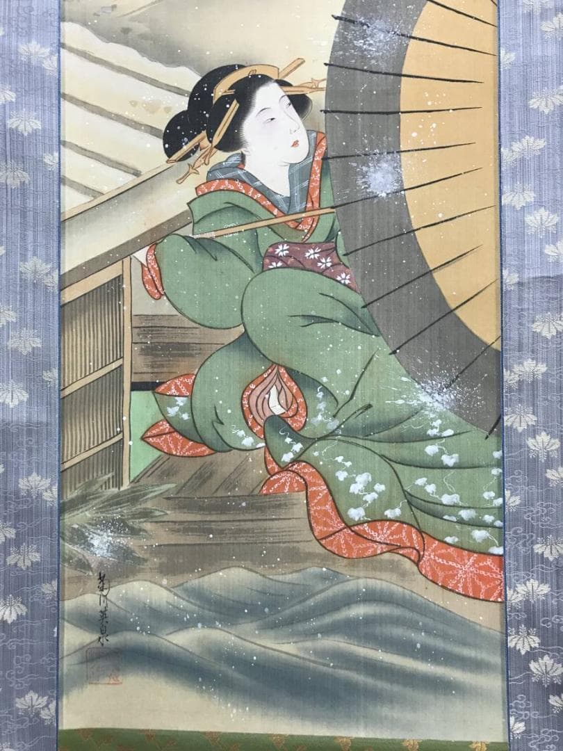 【真作】菊川英泉/雪中美人屋形舟図/美人図/浮世絵/掛軸/名家伝来/AD-45