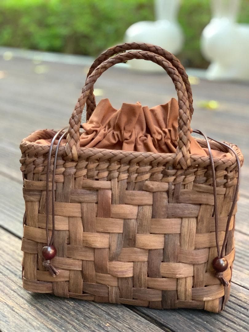 山葡萄かごバッグ 手作り 網代編み 手提げ 籠バック 内布付き