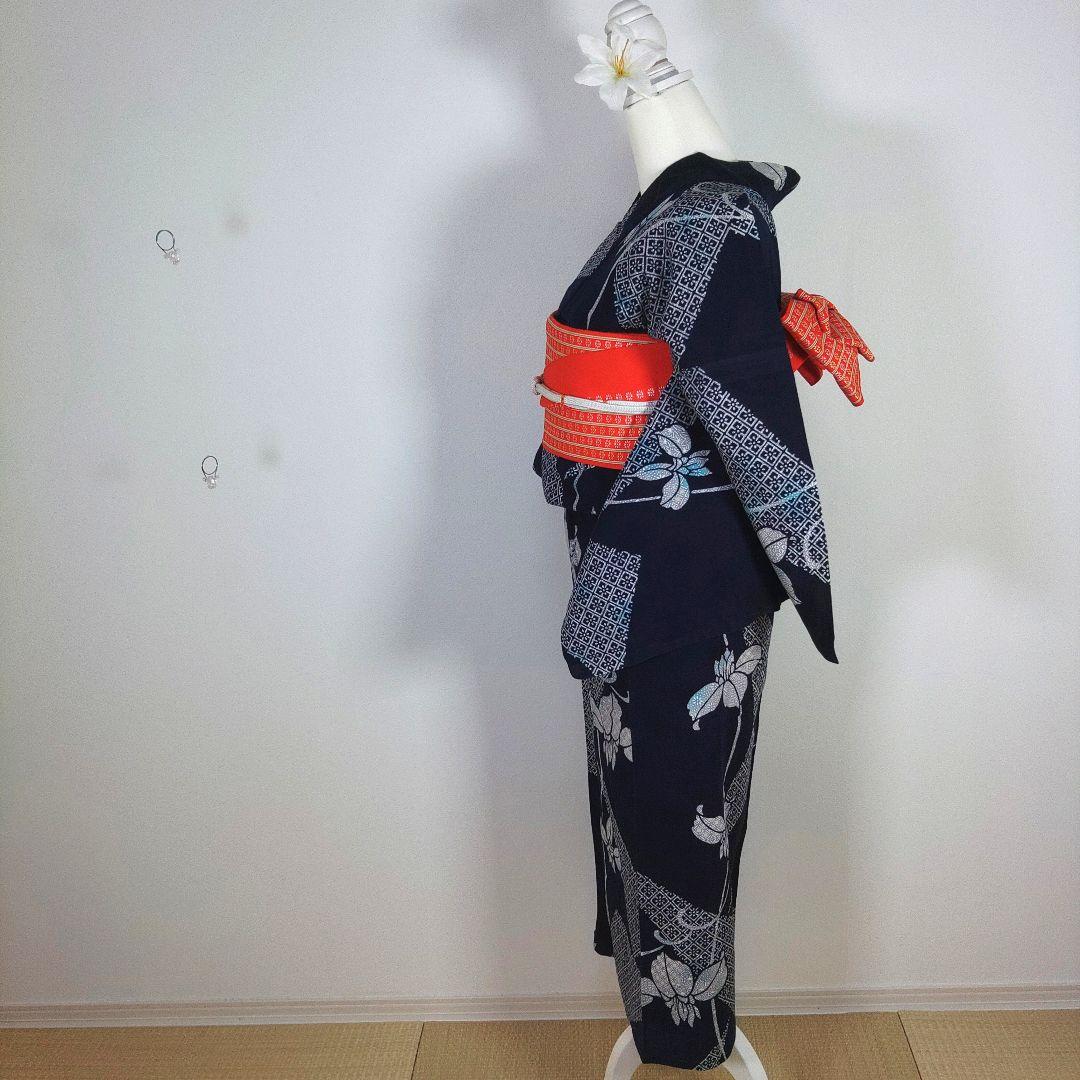 レトロ　レディース　浴衣セット　身丈154cm　ネイビー　花柄　半幅帯　オレンジ